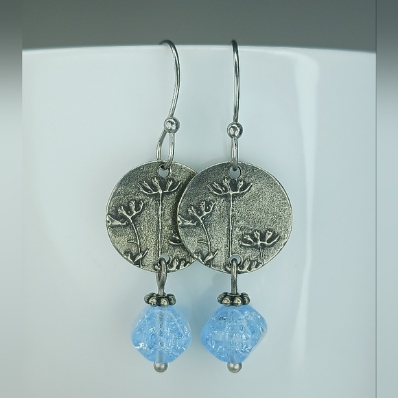 HAND CRAFTED Artisan Pewter Wildflower Earrings Blue Vintage Glass Dangle - Picture 3 of 6